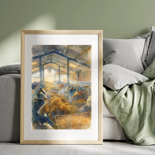 Watercolour cattle shed - cattle, print